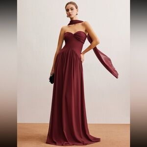 Red maxi dress with neck scarf